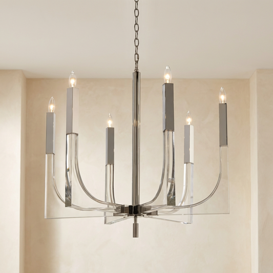 John Richard Acrylic And Nickel Six-Light Chandelier